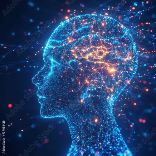 Abstract Human Head with Glowing Neural Network, AI, Technology, Digital, Connection, Future, Concept, 3D Render, Blue and Orange.