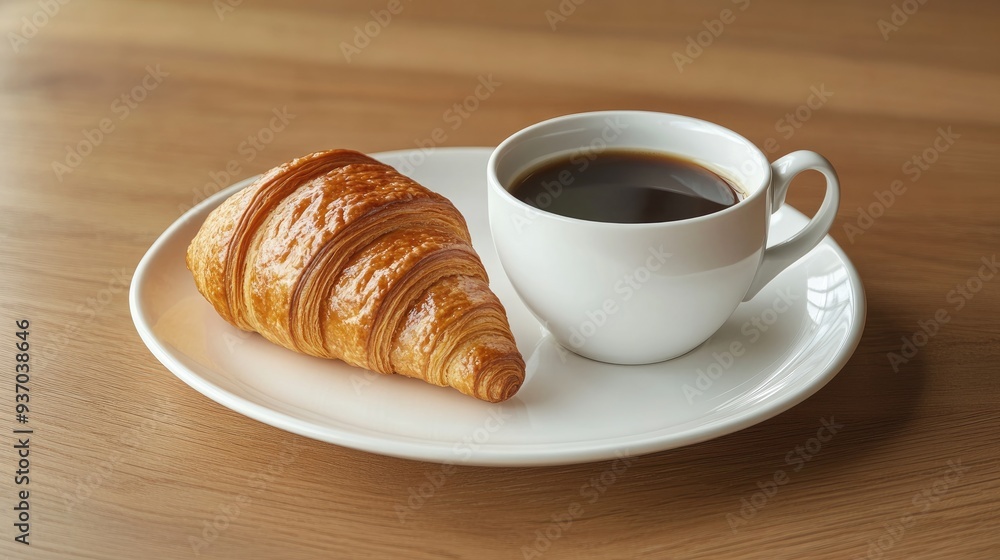 A cup of coffee and a croissant on a white plate, placed on a wooden table for a classic coffee break A cup of coffee and a croissant on a white plate, placed on a wooden table for a classic coffee break