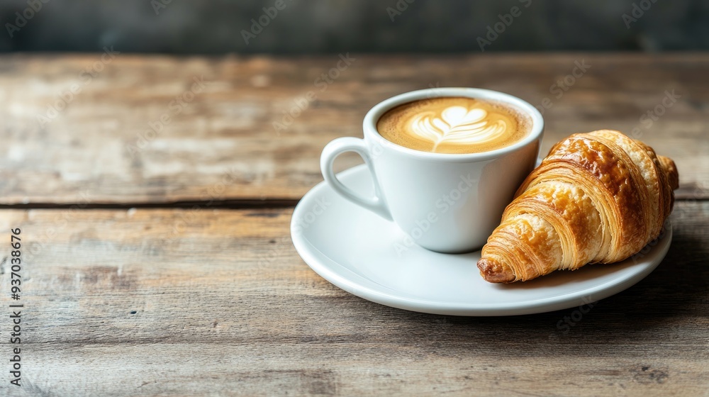 A cup of coffee and a croissant on a white plate, placed on a wooden table for a classic coffee break A cup of coffee and a croissant on a white plate, placed on a wooden table for a classic coffee break