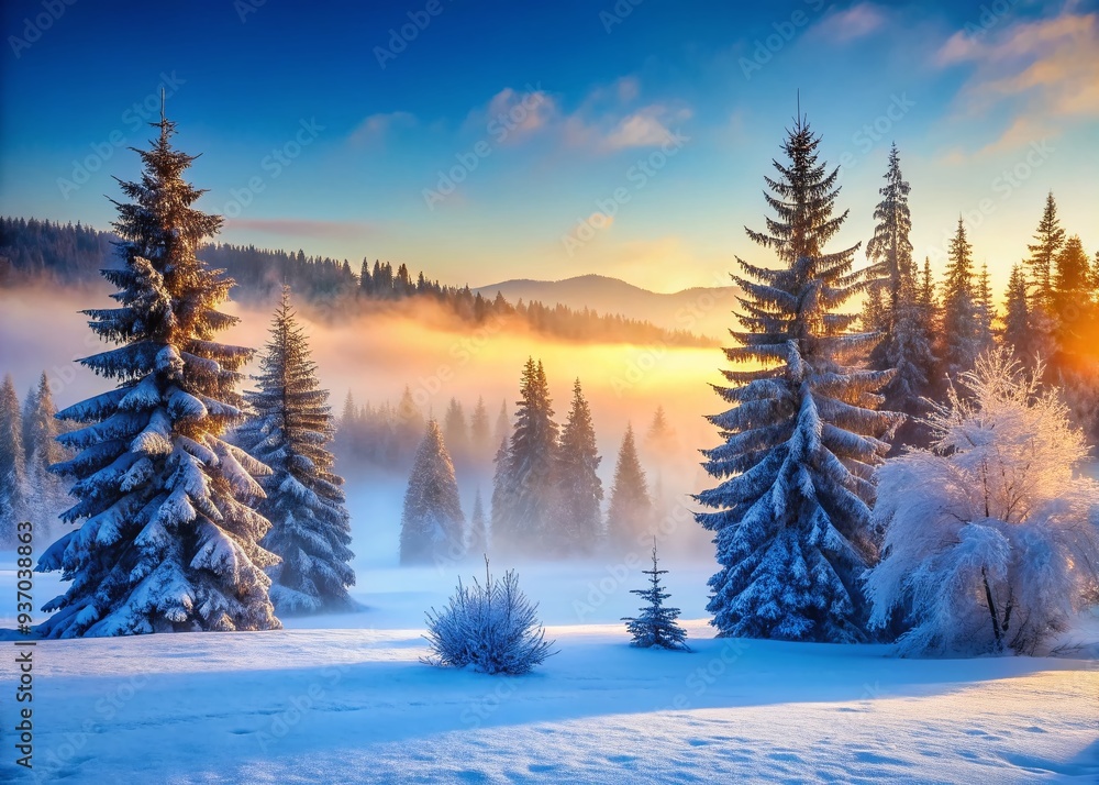 Ethereal morning light snow-covered evergreen trees misty atmosphere frosty air blue hues serene landscape nature's beauty frozen stillness Ethereal morning light snow-covered evergreen trees misty atmosphere frosty air blue hues serene landscape nature's beauty frozen stillness