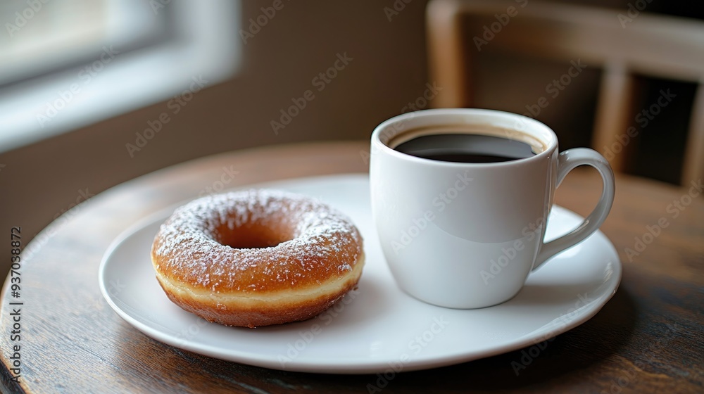 A cup of coffee and a donut on a white plate, placed on a wooden table for a classic coffee break. A cup of coffee and a donut on a white plate, placed on a wooden table for a classic coffee break.