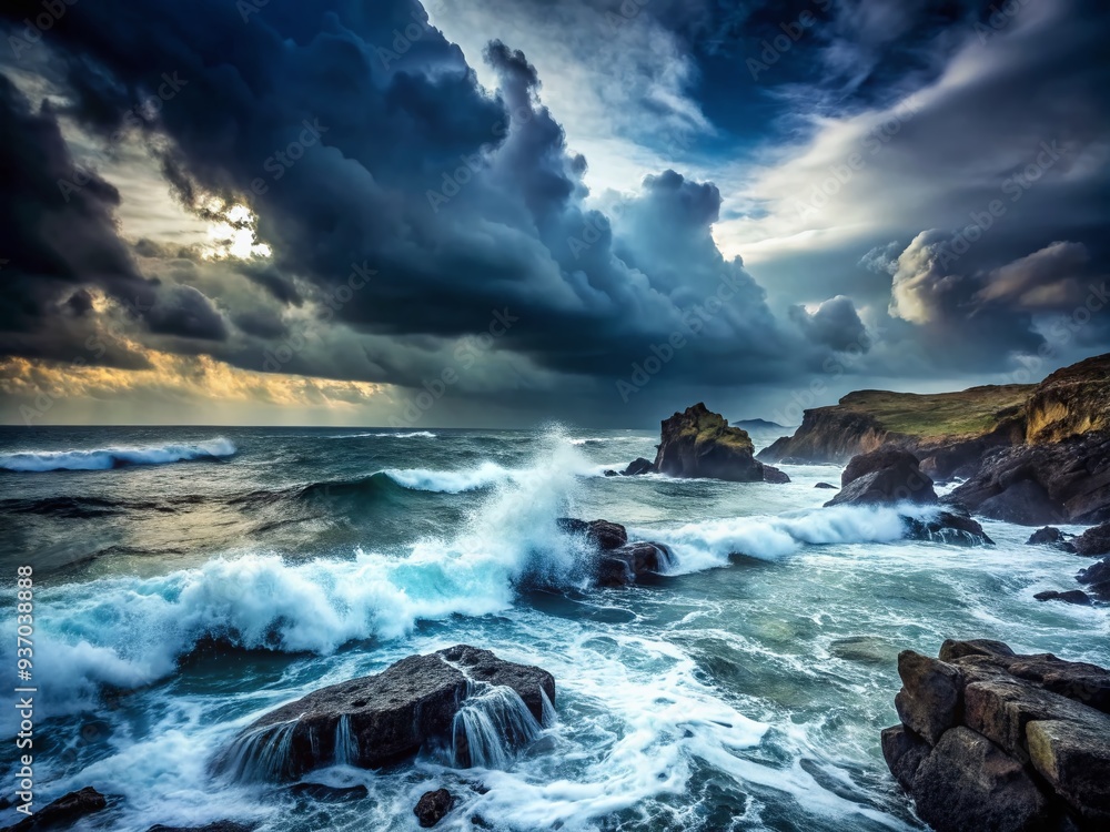 Obraz premium moody dramatic stormy sea rocky coast waves crashing dark skies ominous atmosphere high contrast low key monochrome rugged textures