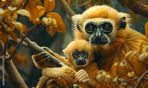 close image of Yellow Cheeked Gibbon monkey (Nomascus Gabriallae) mother with child in the forest.  photo