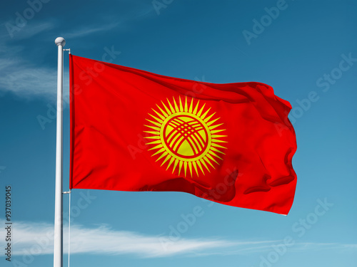 Waving Kyrgyzstan country flag, blue sky background, 3d illustration 
