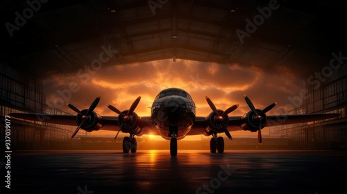 Vintage Airplane Silhouetted at Sunset in Hangar