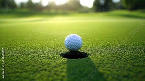 A golf ball rolling towards the hole on a perfectly manicured green, symbolizing precision