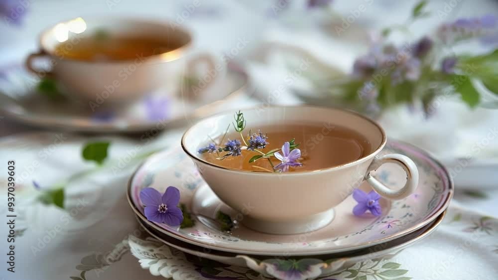 Steaming cup of herbal tea adorned with fresh purple flowers sits on a delicate floral saucer, inviting a moment of tranquility and aromatic indulgence Steaming cup of herbal tea adorned with fresh purple flowers sits on a delicate floral saucer, inviting a moment of tranquility and aromatic indulgence