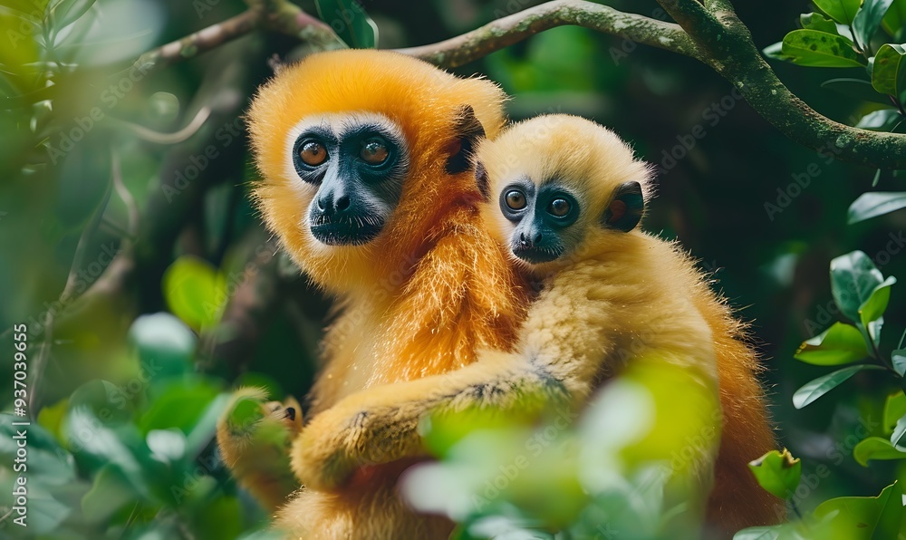 Fototapeta premium close image of Yellow Cheeked Gibbon monkey (Nomascus Gabriallae) mother with child in the forest. 