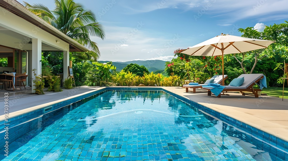 Holiday villa swimming pool with sun loungers and parasol Holiday villa swimming pool with sun loungers and parasol
