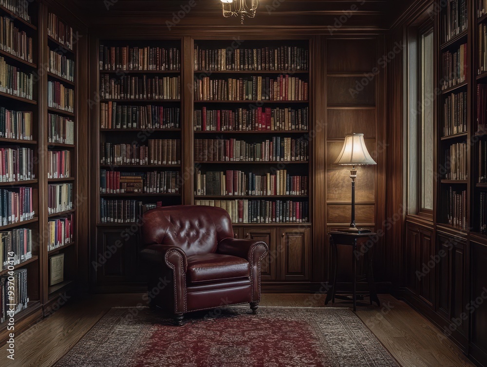 Fototapeta premium Cozy Reading Nook with Leather Armchair and Bookshelves in a Library