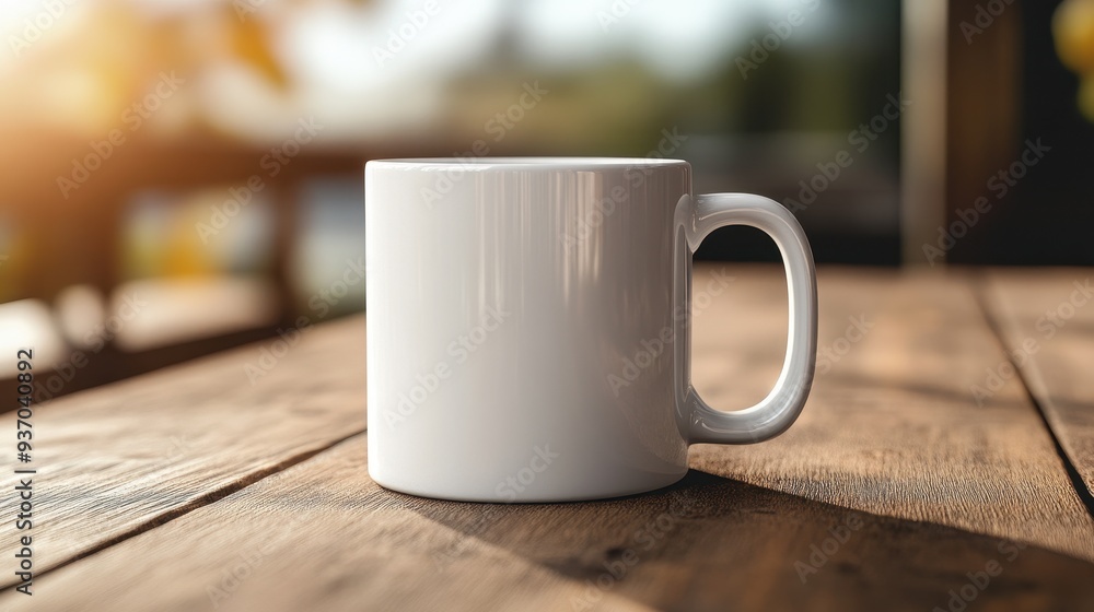 White Mug on Wooden Table with Blurred Background. White Mug on Wooden Table with Blurred Background.
