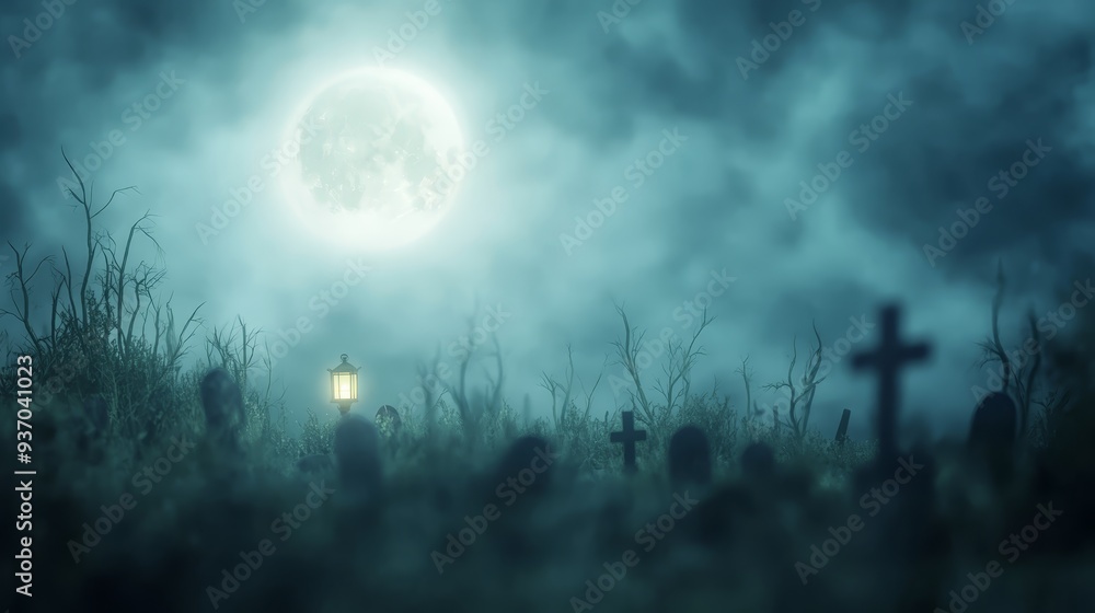 Mysterious Graveyard at Night with Full Moon and Lantern Mysterious Graveyard at Night with Full Moon and Lantern