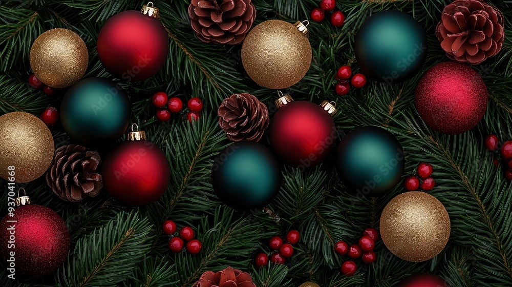 Festive Christmas Ornament Arrangement on Evergreen Branches Festive Christmas Ornament Arrangement on Evergreen Branches