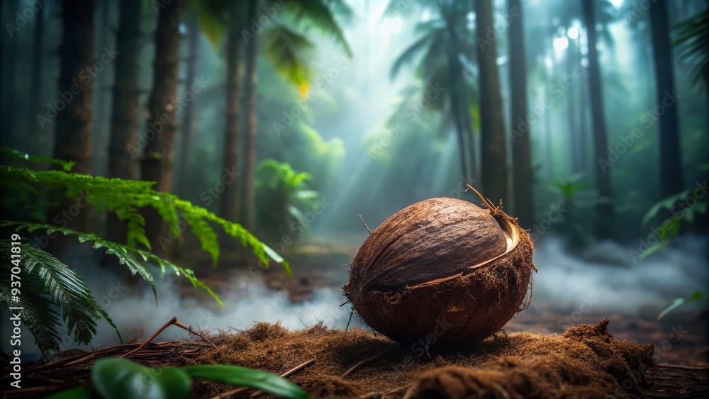 Moody dark brown coconut husk against a misty foggy background with warm soft focus and shallow depth of field in a mystical forest setup Moody dark brown coconut husk against a misty foggy background with warm soft focus and shallow depth of field in a mystical forest setup