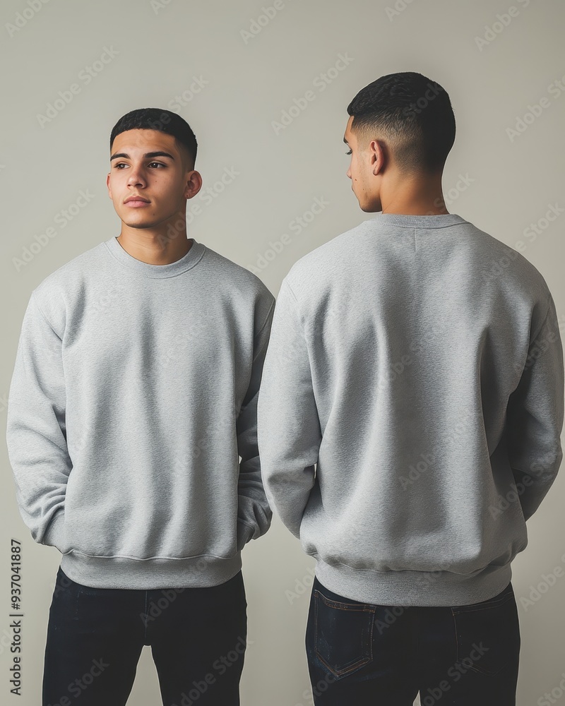 Mockup Man in Grey Sweatshirt and Jeans - Front and Back View. Mockup Man in Grey Sweatshirt and Jeans - Front and Back View.