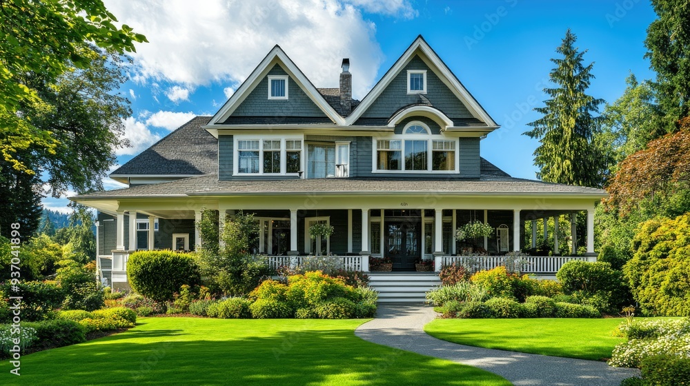 A beautiful mansion with a wraparound porch and lush landscaping, ideal for luxury home promotions. A beautiful mansion with a wraparound porch and lush landscaping, ideal for luxury home promotions.