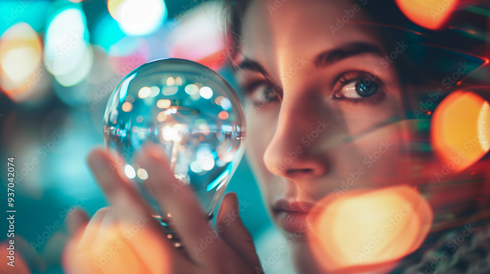 Woman Holding a Lightbulb with Abstract Colorful Lights in Background Woman Holding a Lightbulb with Abstract Colorful Lights in Background