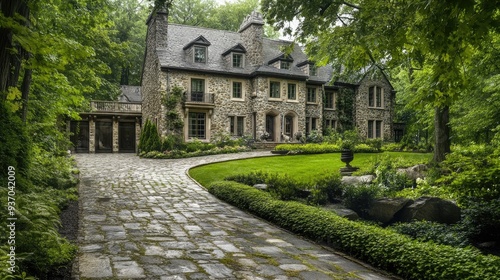 Wallpaper Mural A beautiful stone mansion with a cobblestone driveway and lush greenery, perfect for luxury living. Torontodigital.ca