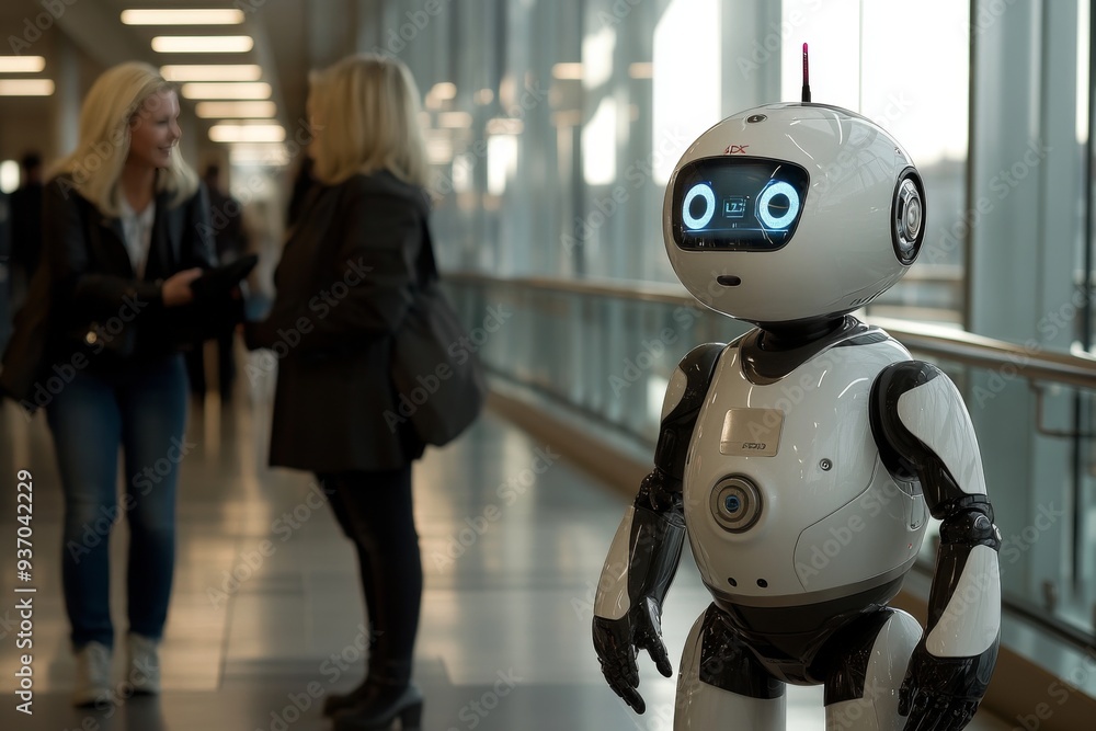 A friendly robot interacts with travelers in a busy airport demonstrating the increasing role of AI in enhancing customer service and efficiency in public spaces A friendly robot interacts with travelers in a busy airport demonstrating the increasing role of AI in enhancing customer service and efficiency in public spaces