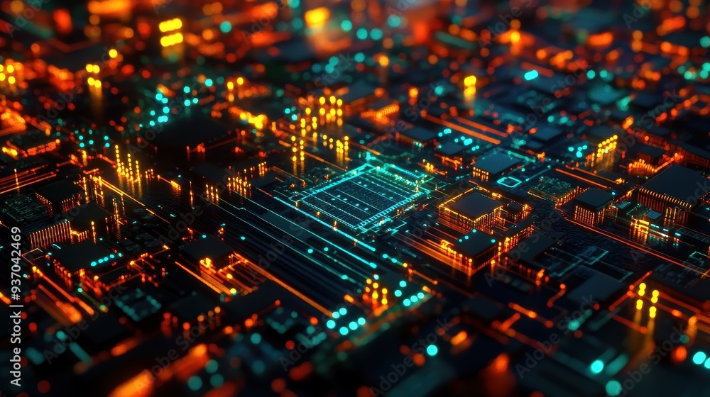 Abstract Futuristic Circuit Board with Orange and Blue Lights.