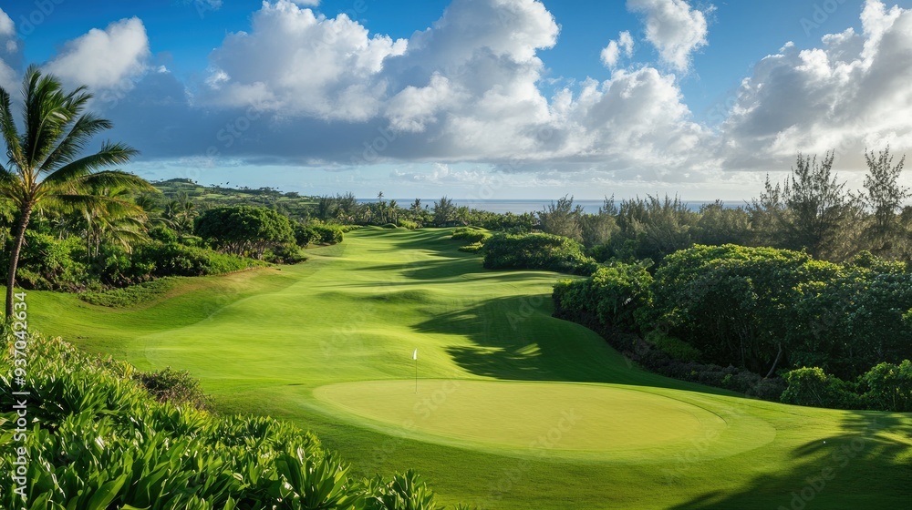 Fototapeta premium A panoramic view of a golf course with lush fairways and pristine greens
