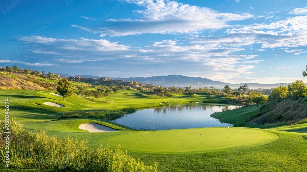 Obraz premium A panoramic view of a golf course with rolling hills, water hazards, and manicured greens