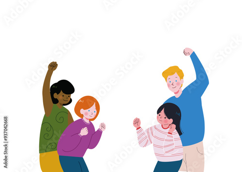 留学生の男女がみんなでガッツポーズ しているイラスト