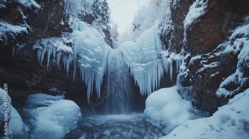 Frozen Waterfall In A Snowy Canyon - Winter Wonderland Scene.