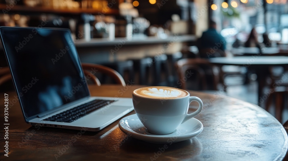 A person enjoying a coffee break with a cup of cappuccino and a laptop, set in a modern A person enjoying a coffee break with a cup of cappuccino and a laptop, set in a modern
