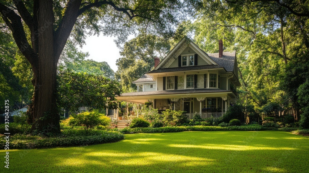 A charming mansion with a large front yard, surrounded by mature trees, perfect for real estate promotion. A charming mansion with a large front yard, surrounded by mature trees, perfect for real estate promotion.