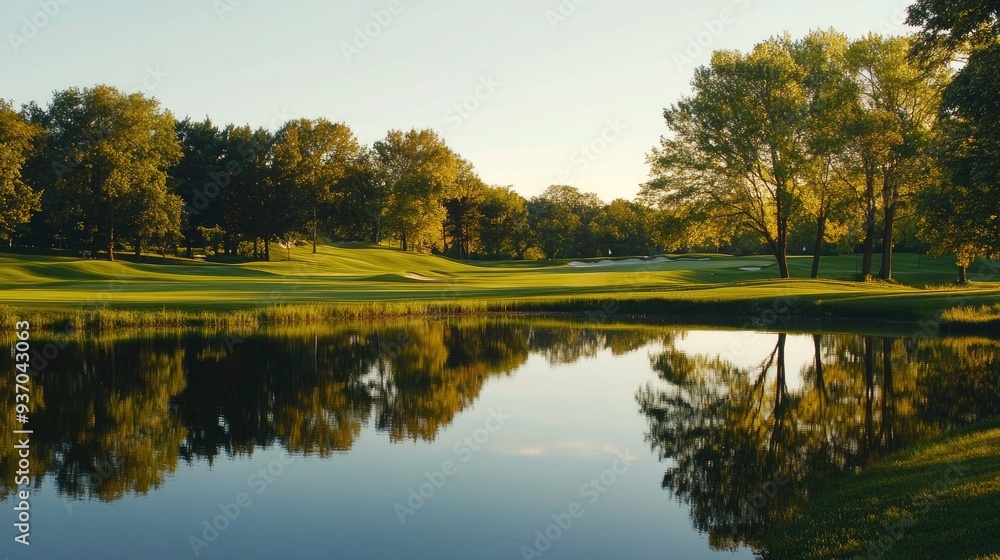 Fototapeta premium A scenic view of a golf course by a lake, with reflections of trees in the water