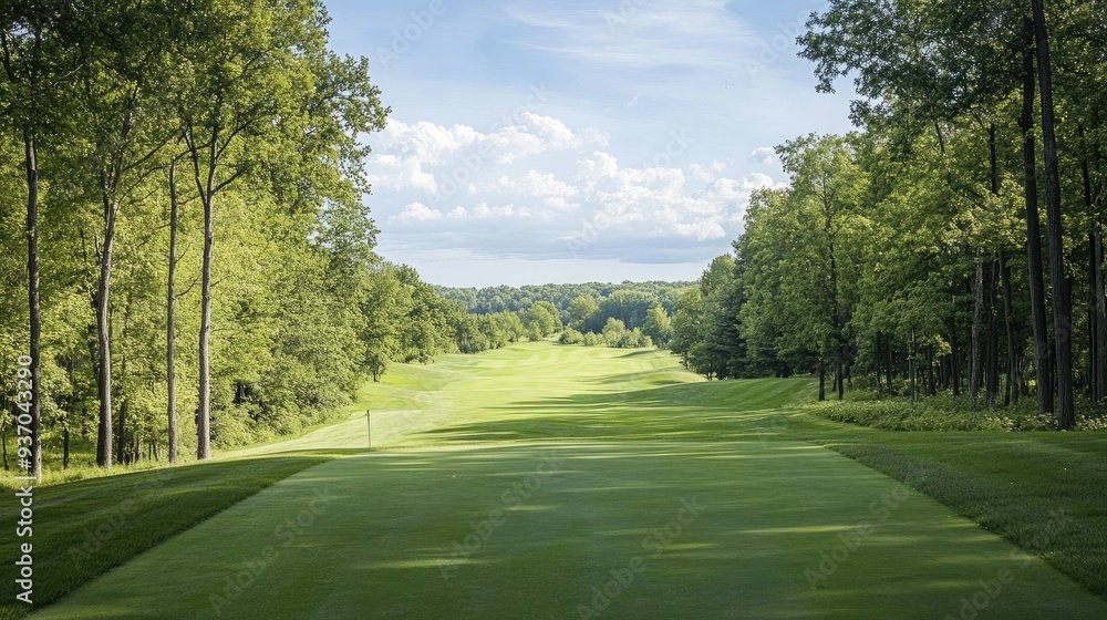 A view from the tee box looking down the fairway, with the green in the distance A view from the tee box looking down the fairway, with the green in the distance