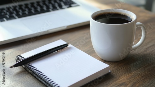 A warm cup of coffee next to a notebook and pen on a minimalist desk, representing a thoughtful coffee break