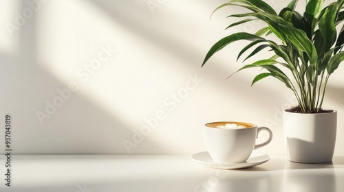 A warm cup of coffee next to a potted plant on a minimalist desk, representing a peaceful coffee break.