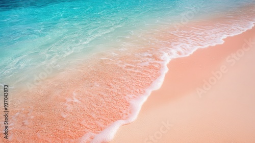 Fototapeta Naklejka Na Ścianę i Meble -  Turquoise Ocean Water Meets Pink Sand Beach - Tropical Vacation Background