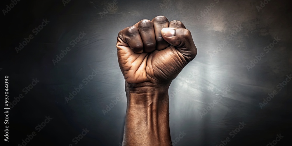 A powerful image of a raised fist symbolizing black power and resistance in a protest setting A powerful image of a raised fist symbolizing black power and resistance in a protest setting