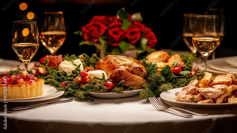 Festive Christmas Dinner Table Setting with Roasted Turkey, Wine, and Decorations Festive Christmas Dinner Table Setting with Roasted Turkey, Wine, and Decorations