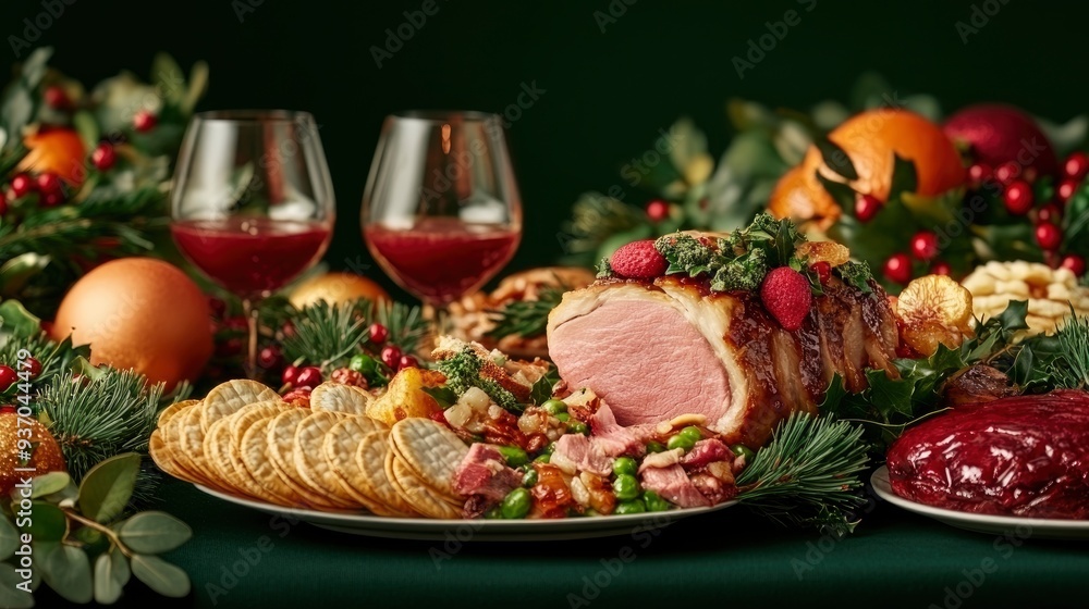 Christmas Dinner Table Setting with Roast Ham, Garnishes, and Wine Glasses Christmas Dinner Table Setting with Roast Ham, Garnishes, and Wine Glasses
