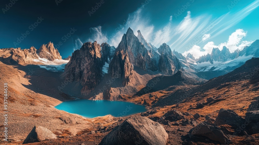 Naklejka premium Majestic Mountain Peaks and a Serene Lake in the French Alps.