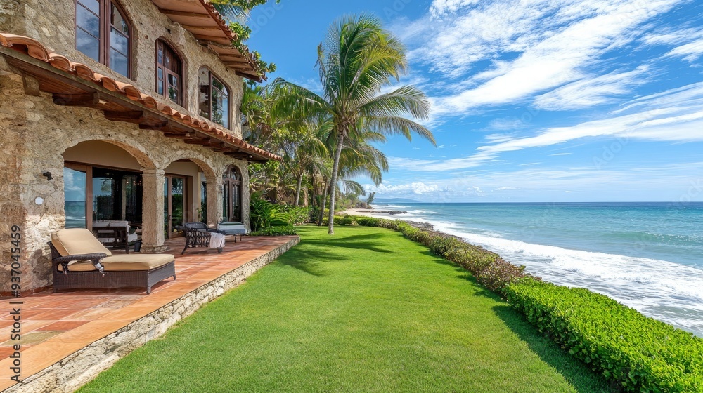 Obraz premium Beautiful beachfront property with a private garden and ocean view, offering an inviting setting with copy space.