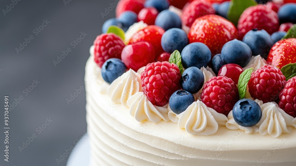 Delicious White Cake Topped with Fresh Berries and Whipped Cream Delicious White Cake Topped with Fresh Berries and Whipped Cream