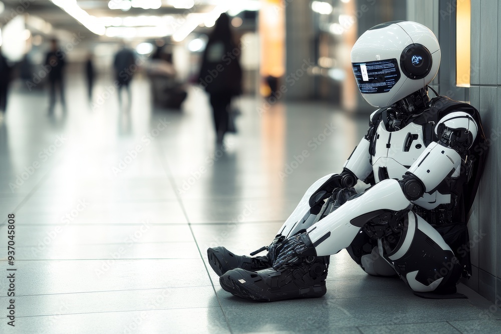 A robot sits alone in a busy public space symbolizing the isolation and quiet contemplation experienced by artificial beings in a world dominated by human interaction A robot sits alone in a busy public space symbolizing the isolation and quiet contemplation experienced by artificial beings in a world dominated by human interaction