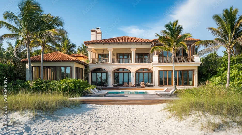 Elegant beach house with palm trees and sandy shores, perfect for capturing the essence of beachside luxury. Elegant beach house with palm trees and sandy shores, perfect for capturing the essence of beachside luxury.