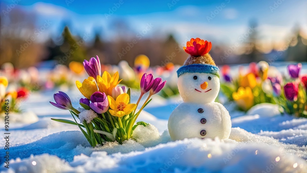 Snowman melting on a vibrant spring meadow with colorful flowers blooming amidst the melting snow Snowman melting on a vibrant spring meadow with colorful flowers blooming amidst the melting snow