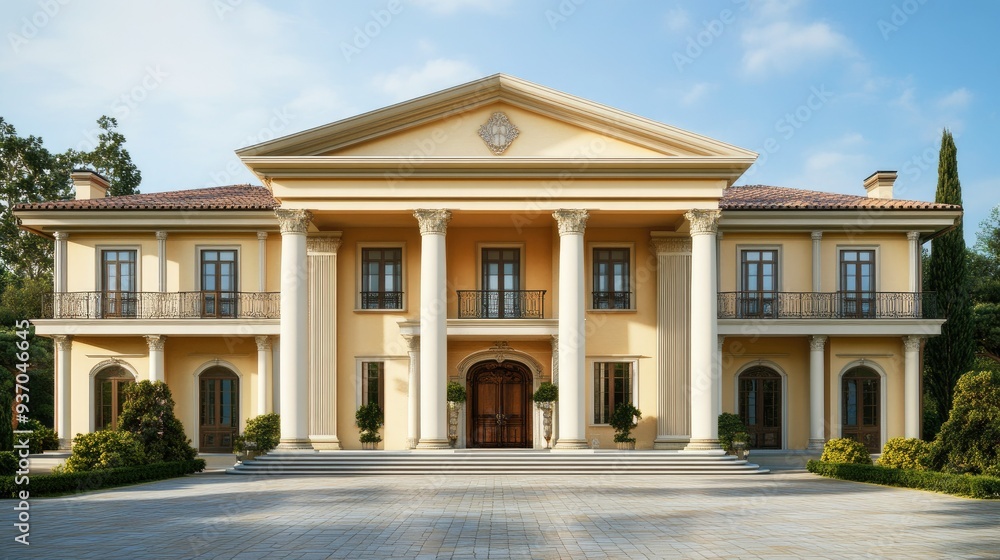 Fototapeta premium Elegant mansion with large pillars and a wide entrance, providing a stately backdrop with ample copy space.