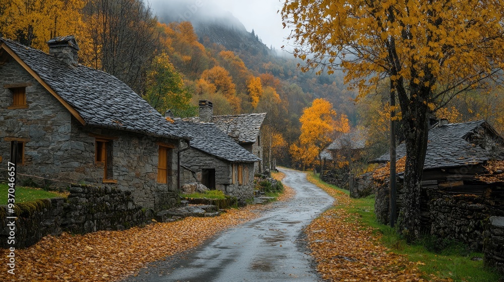 Obraz premium Gloomy autumn day in a rural village, with stone houses and trees shedding their golden leaves.