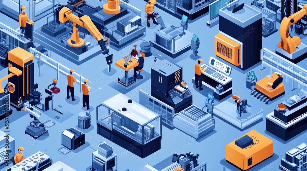 Obraz premium High-tech factory with autonomous robots working alongside human engineers, emphasizing collaboration in mechatronics.