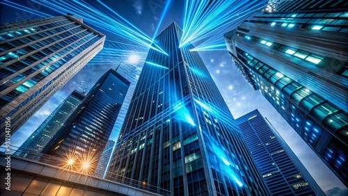 dramatic low-angle shot of sleek modern skyscraper with glowing blue fiber optic cables wrapped around exterior edges in futuristic cityscape