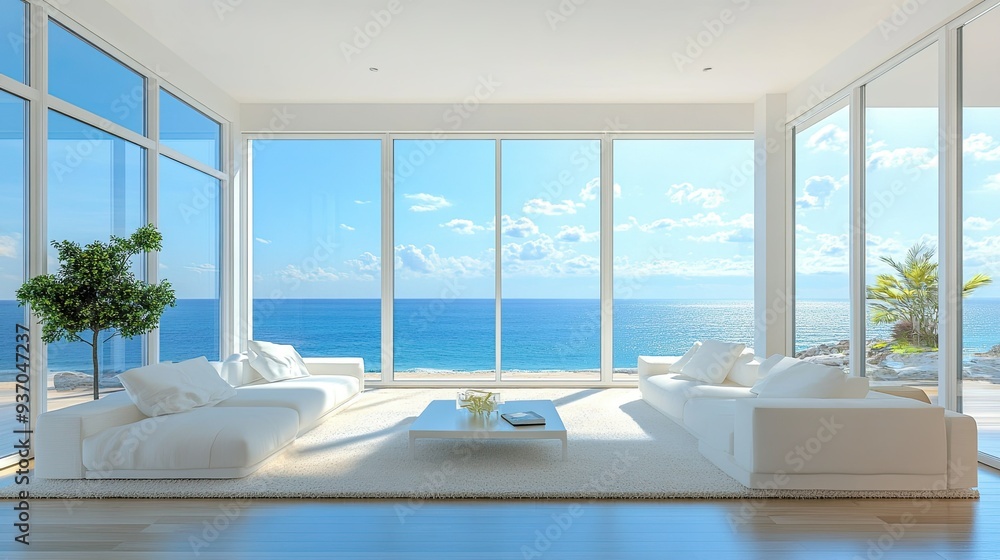 Stunning beach house with large windows overlooking the ocean, plenty of room for text overlay. Stunning beach house with large windows overlooking the ocean, plenty of room for text overlay.