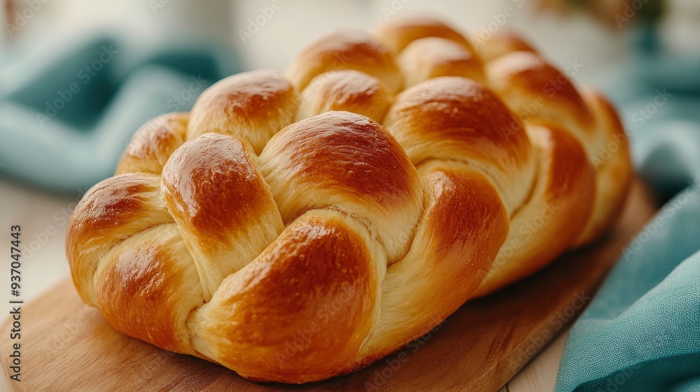 Freshly Baked Braided Challah Bread on Wooden Cutting Board Freshly Baked Braided Challah Bread on Wooden Cutting Board